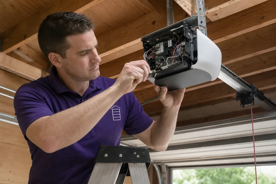 Priority Garage Doors technician repairing a garage door opener in El Paso, TX