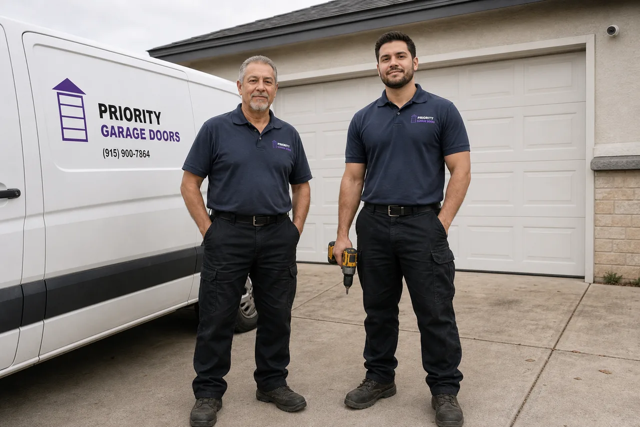 Priority Garage Doors technicians and service van outside a home in El Paso, TX