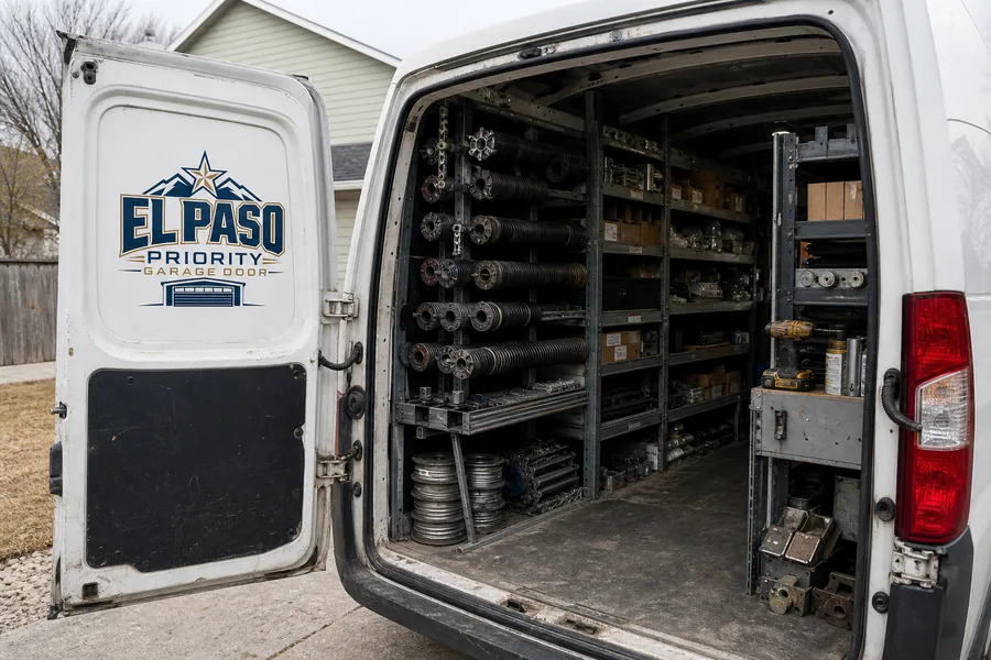 Inside the Priority Garage Doors van: springs, rollers, drums and hinges stocked for El Paso