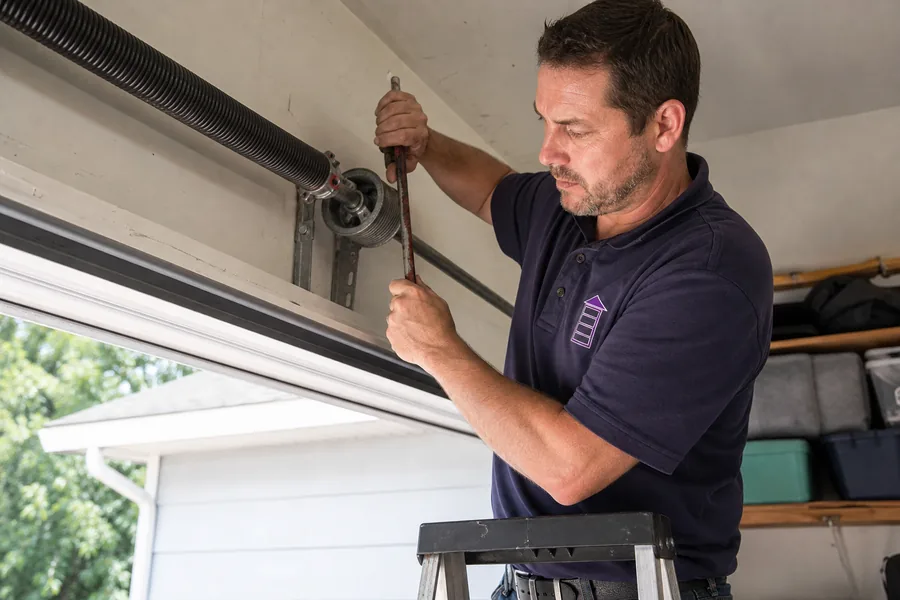 Priority Garage Doors technician replacing a broken torsion spring in El Paso, TX