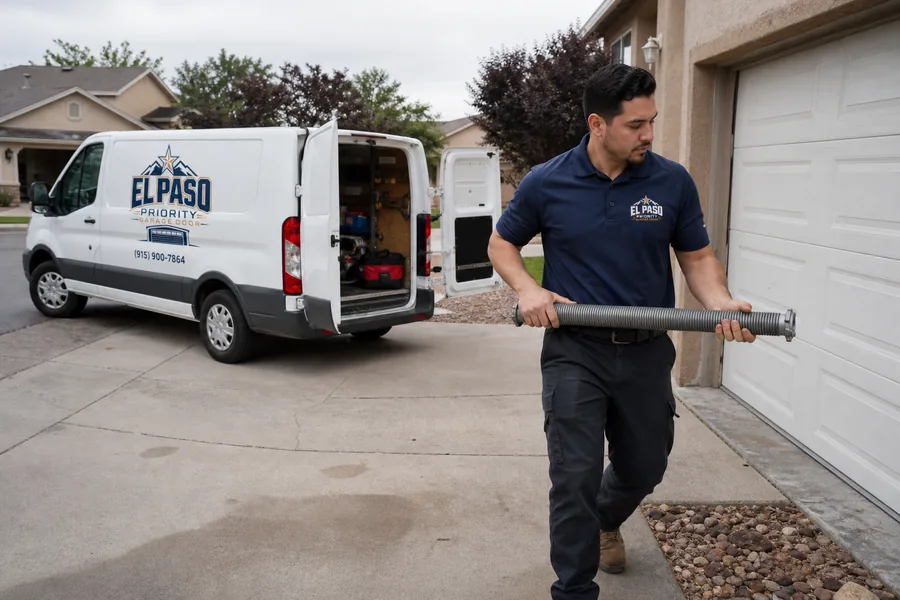 A Priority Garage Doors technician bringing a torsion spring from the van in El Paso, TX